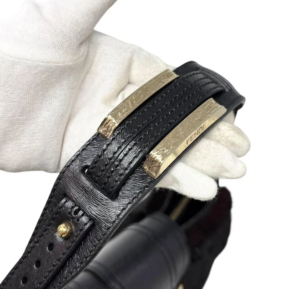 FENDI Vintage Logo Fur Baguette Mini Shoulder Bag Handbag Black Gold [106345] - Picture 12 of 13